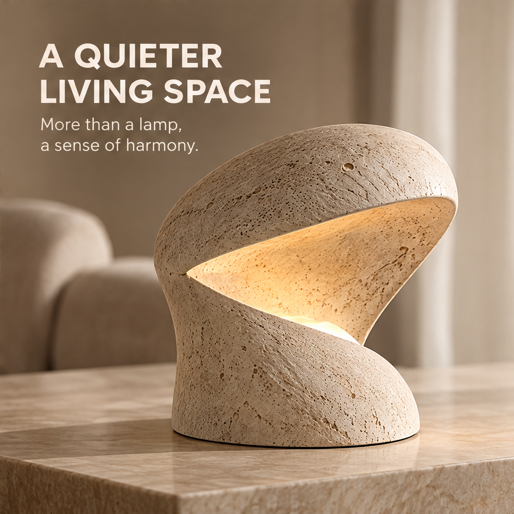CARTOVE Stone Spiral Table Lamp interior warm glow close-up — Warmth in Balance
