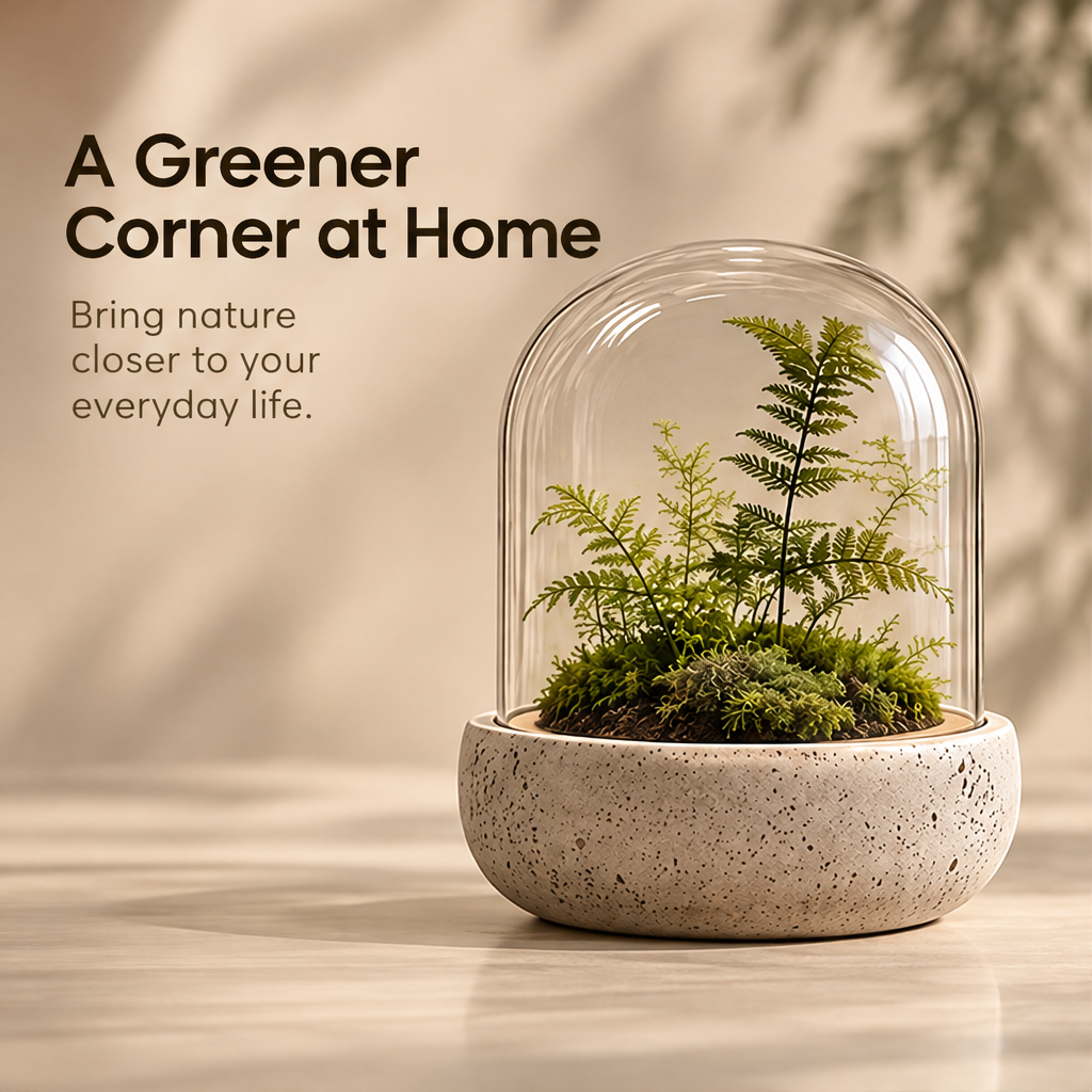 CARTOVE Glass Dome Terrarium front view with fern and moss on neutral background — A Greener Corner at Home