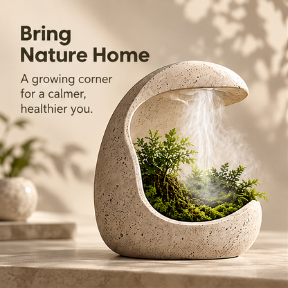 CARTOVE Stone Crescent Plant Humidifier on table in warm living room — Design for a Kinder Day