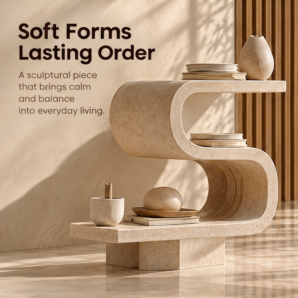 CARTOVE S-Curve Stone Shelf front view against wood slat wall — Soft Forms Lasting Order