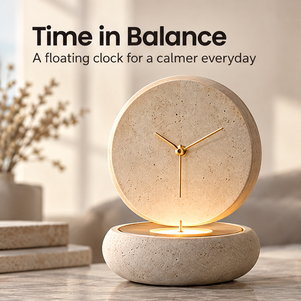 CARTOVE Stone Desk Clock front view on water surface — clean product shot