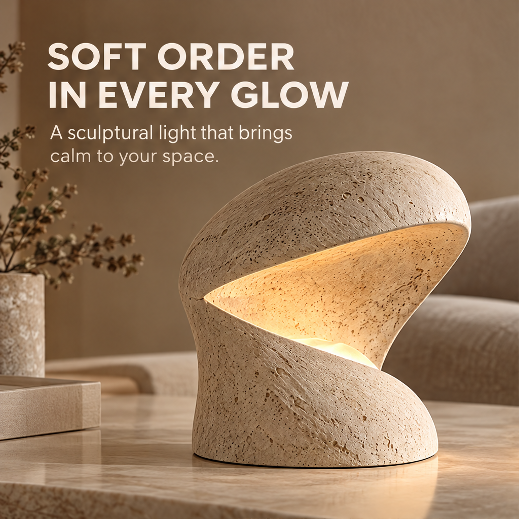 CARTOVE Stone Spiral Table Lamp on coffee table in living room — Soft Order in Every Glow