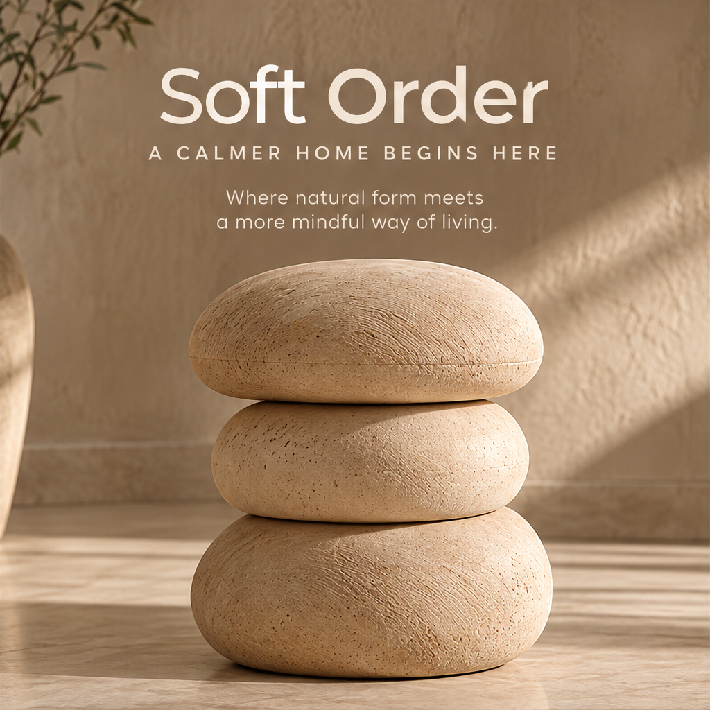 CARTOVE Stacked Pebble Stool on floor with vase and side light — Soft Order