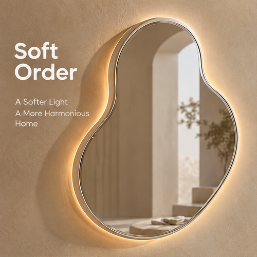 CARTOVE Organic LED Backlit Wall Mirror in entryway with full glow — Designed for a Calmer Everyday