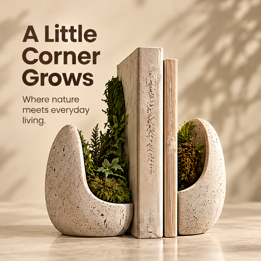CARTOVE Stone Crescent Bookend Planter Set with books and greenery front view — A Little Corner Grows