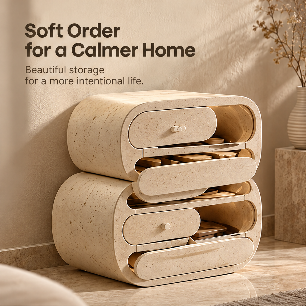 CARTOVE Stone Rounded Double Drawer Cabinet in bedroom with drawers open — Soft Order for a Calmer Home