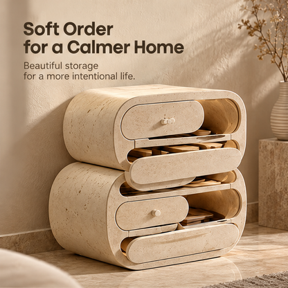 CARTOVE Stone Rounded Double Drawer Cabinet in bedroom with drawers open — Soft Order for a Calmer Home