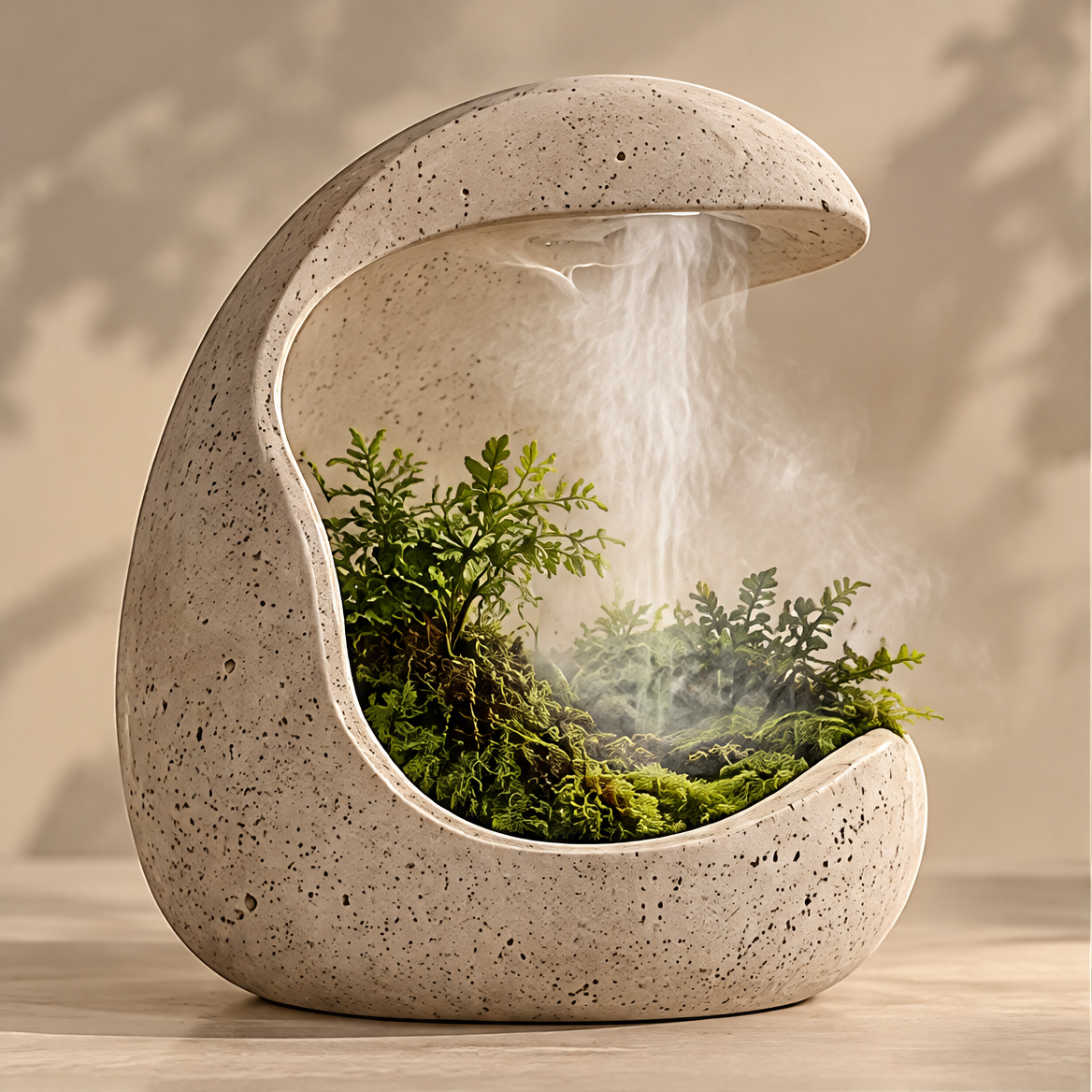 CARTOVE Stone Crescent Plant Humidifier on marble surface with mist and greenery — Bring Nature Home