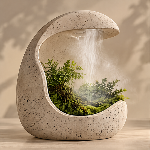 CARTOVE Stone Crescent Plant Humidifier on marble surface with mist and greenery — Bring Nature Home