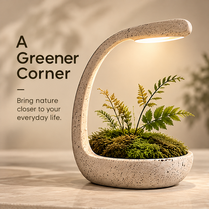 CARTOVE Stone Crescent Grow Light Planter front view with LED on and ferns — A Greener Corner