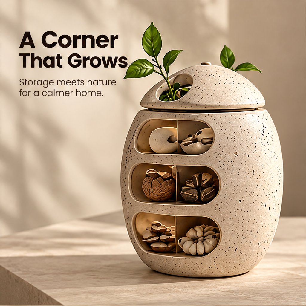CARTOVE Stone Egg Storage Jar front view with three compartments and plant lid — A Corner That Grows