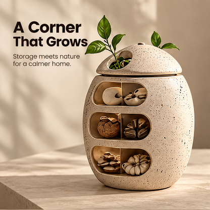 CARTOVE Stone Egg Storage Jar front view with three compartments and plant lid — A Corner That Grows