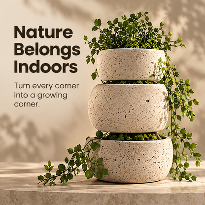 CARTOVE Stone Stacked Bowl Planter Set on living room floor beside sofa with trailing plants — More Life at Home