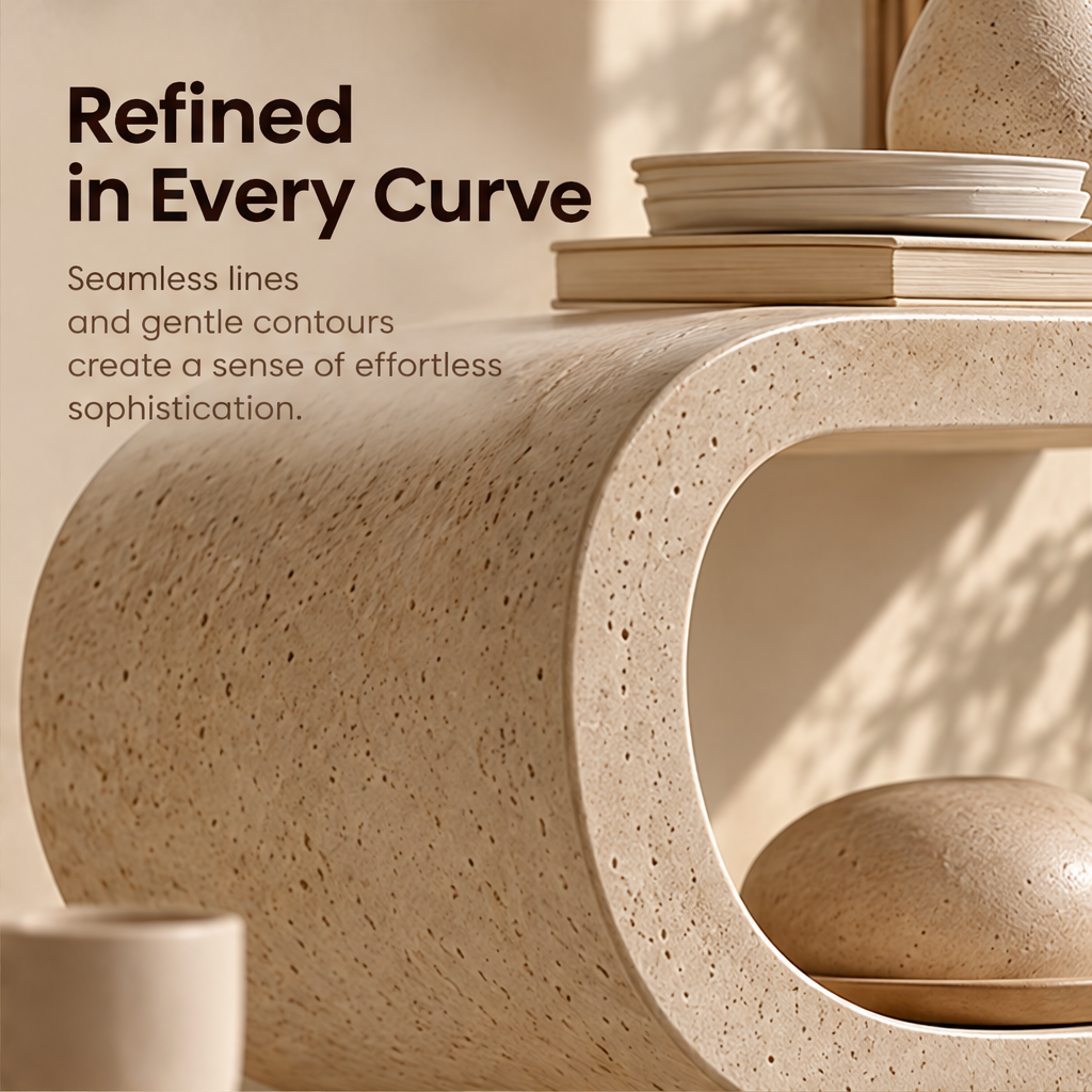 CARTOVE S-Curve Stone Shelf floor scene with ceramics and trays — Timeless by Design