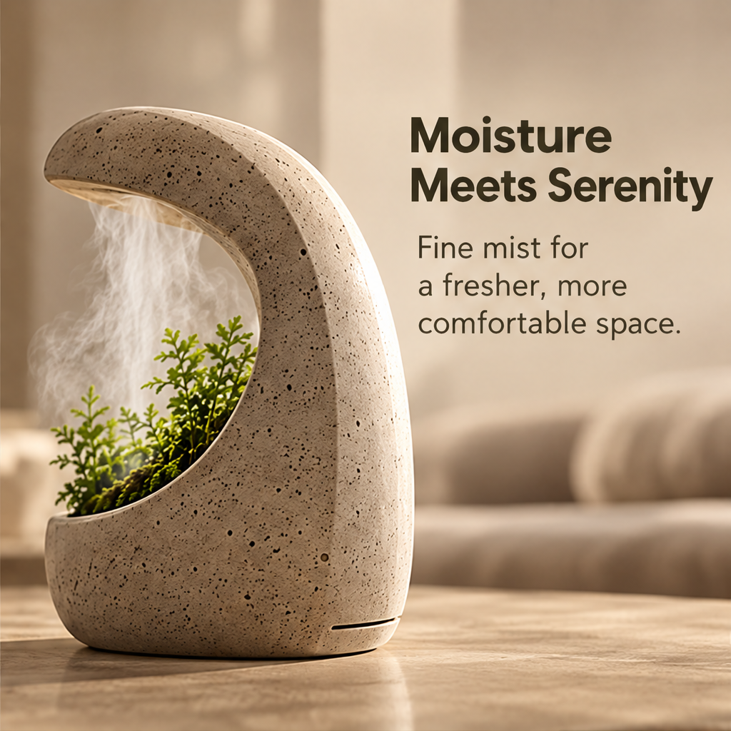 CARTOVE Stone Crescent Plant Humidifier side view with mist in living room — Moisture Meets Serenity