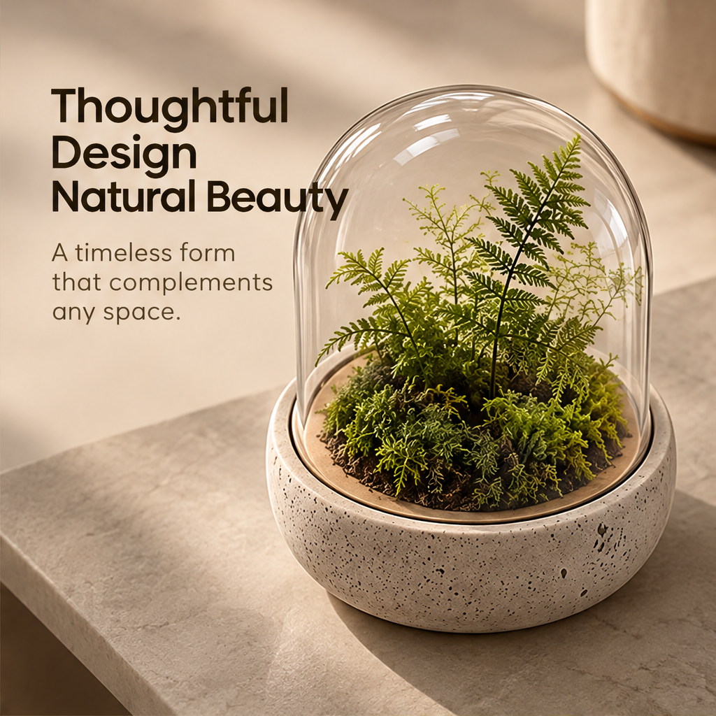 CARTOVE Glass Dome Terrarium angled close view on stone ledge with ferns — Thoughtful Design Natural Beauty