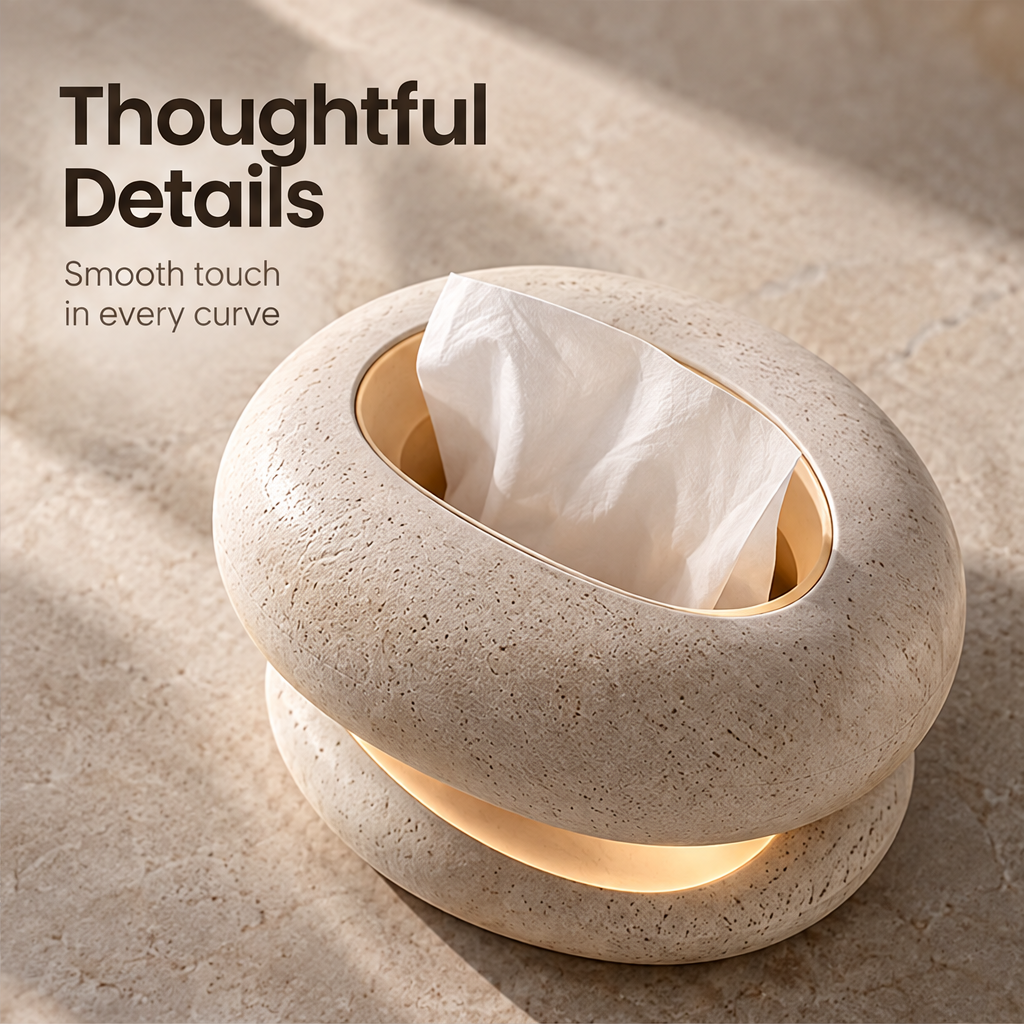 CARTOVE Stone Tissue Box Holder on marble coffee table in living room — Blends Naturally