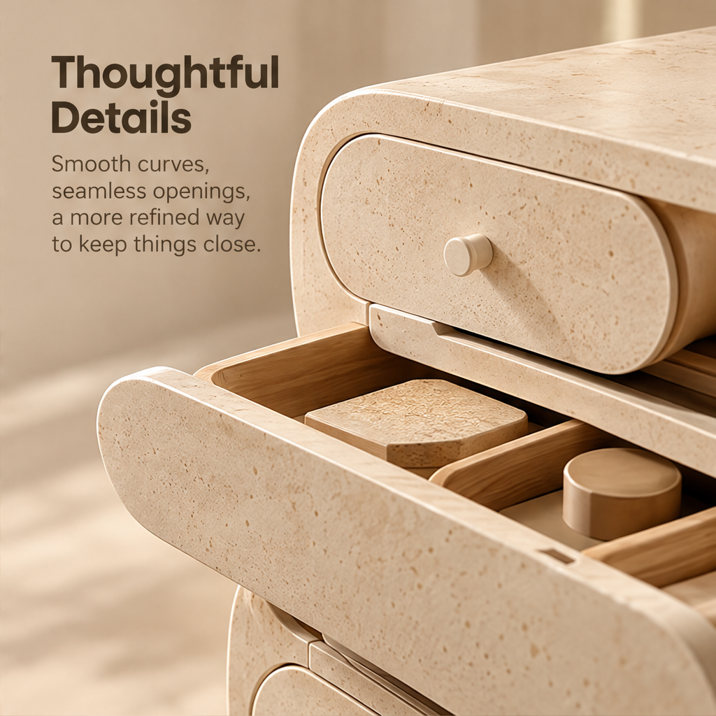 CARTOVE Stone Rounded Double Drawer Cabinet open drawer with wooden inserts close-up — Thoughtful Details
