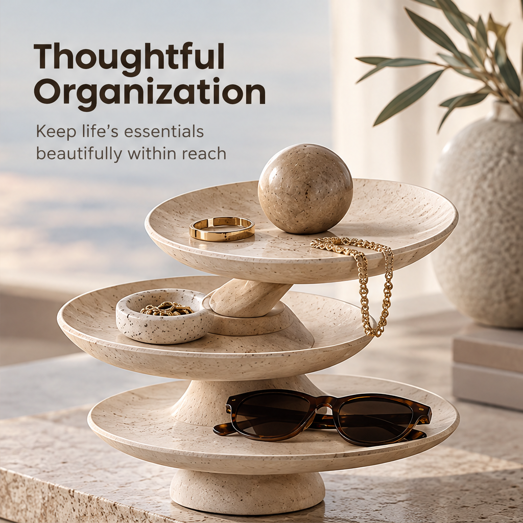 CARTOVE 3-Tier Stone Organizer Stand in warm interior light — Sculpted for Everyday Life