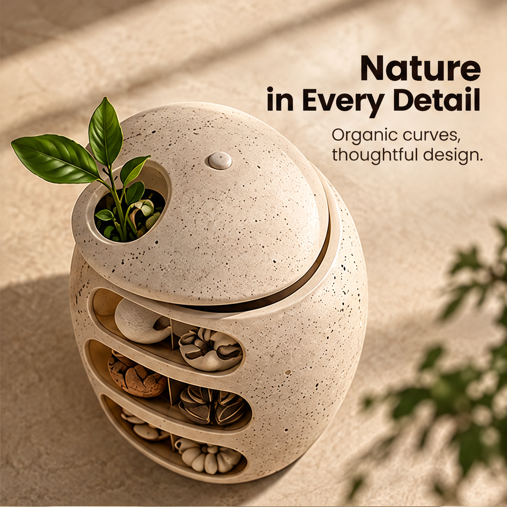 CARTOVE Stone Egg Storage Jar top-down view showing dome lid and plant — Nature in Every Detail