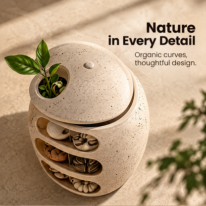 CARTOVE Stone Egg Storage Jar top-down view showing dome lid and plant — Nature in Every Detail