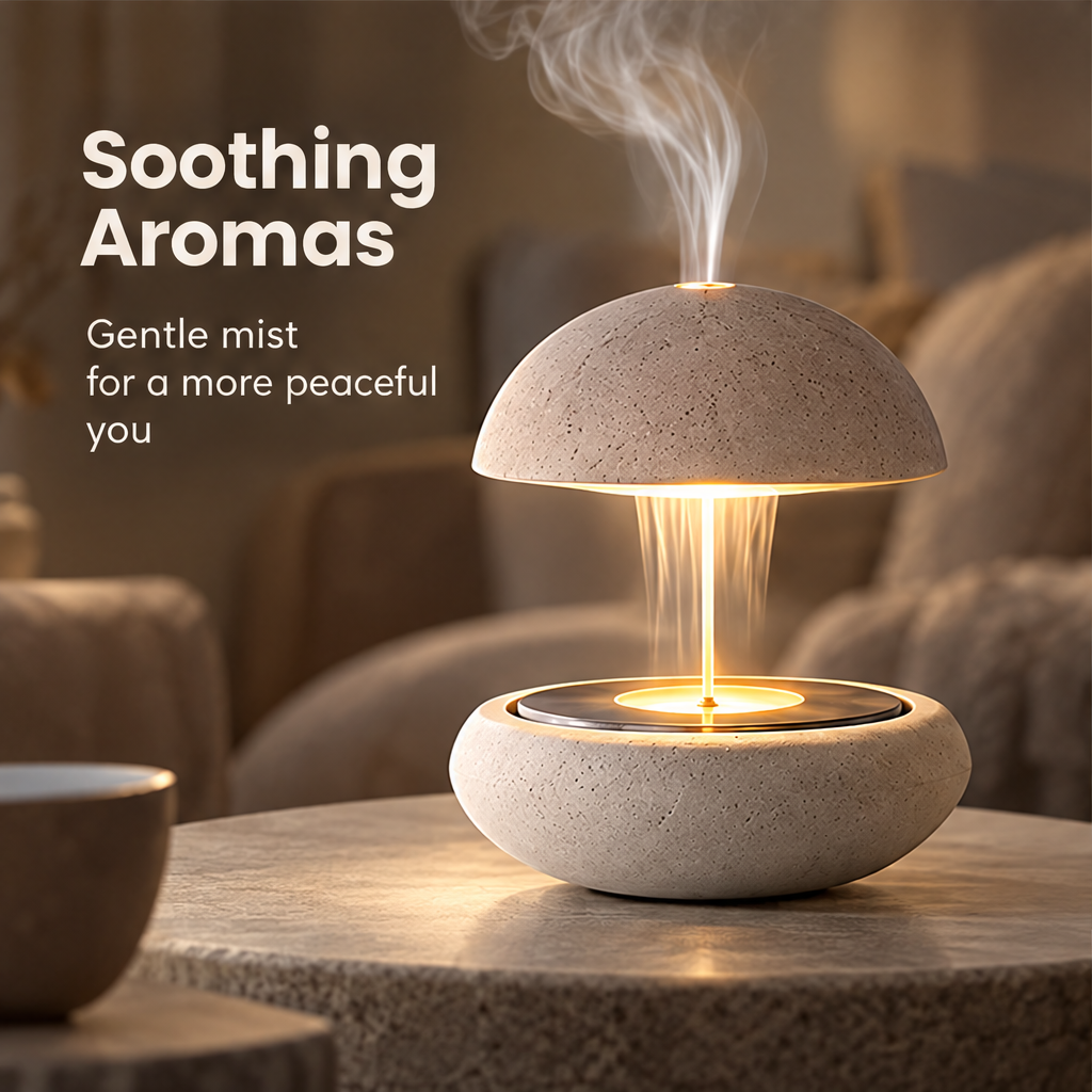 CARTOVE Aroma Diffuser product shot with misty mountain backdrop — clean minimal design
