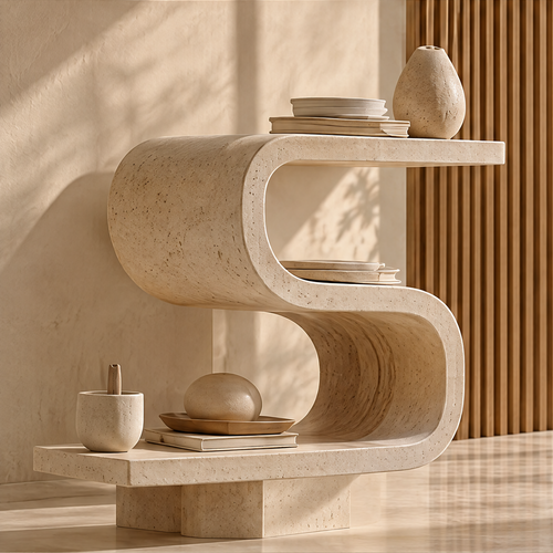 CARTOVE S-Curve Stone Shelf clean product view against wood slat wall — natural light