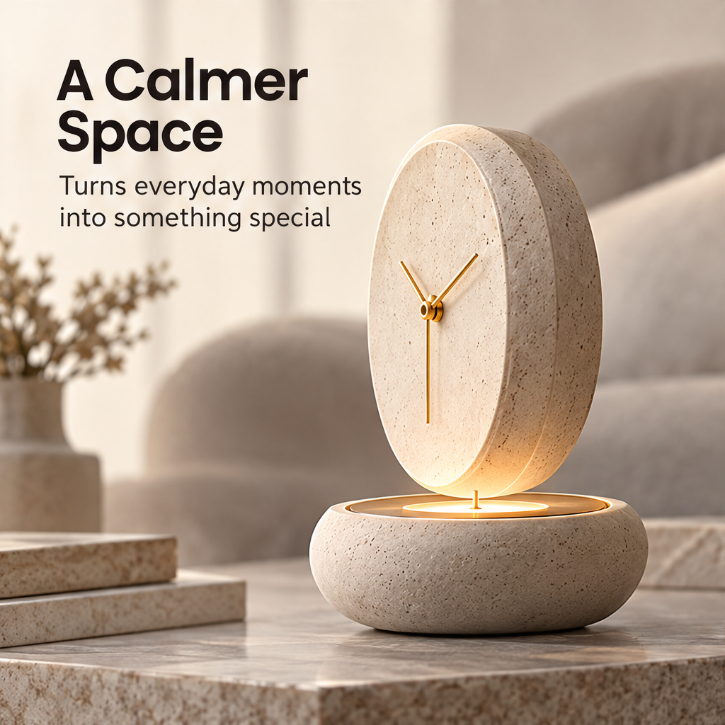 CARTOVE Stone Desk Clock angled view on marble surface — A Calmer Space