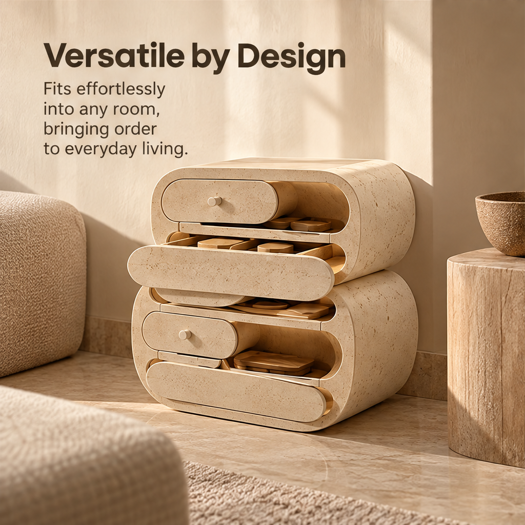 CARTOVE Stone Rounded Double Drawer Cabinet beside sofa with drawers open — Versatile by Design