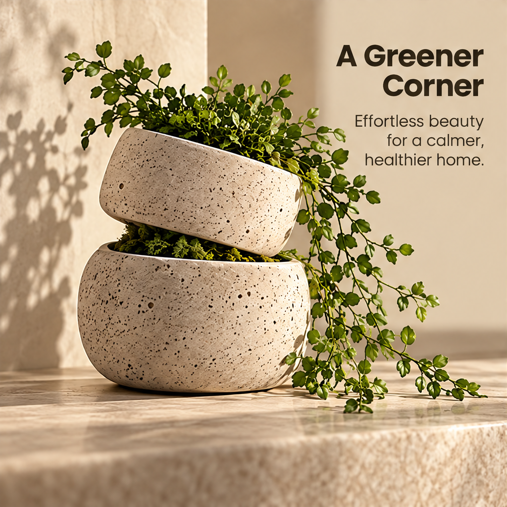 CARTOVE Stone Stacked Bowl Planter Set two tiers stacked in wall corner with trailing vines — A Greener Corner