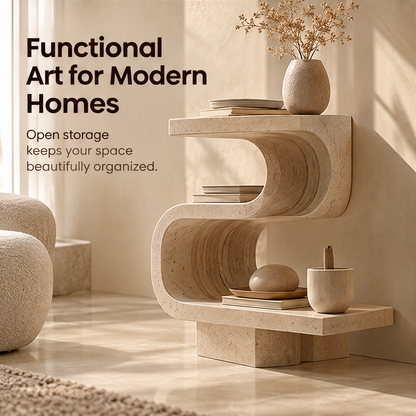 CARTOVE S-Curve Stone Shelf in living room with vase, books and decorative objects — Functional Art for Modern Homes