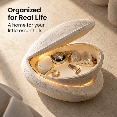 CARTOVE Stone Clam Jewelry Box open showing rings, earrings and watch inside — Organized for Real Life
