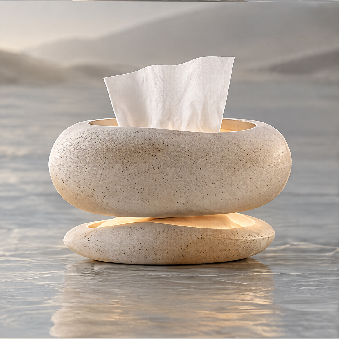 CARTOVE Stone Tissue Box Holder floating on calm water — clean minimal product shot