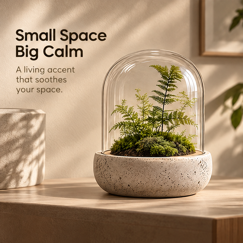 CARTOVE Glass Dome Terrarium on wooden table in warm room with ferns and moss inside — Small Space Big Calm