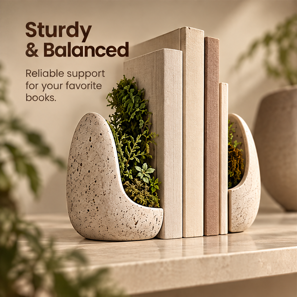 CARTOVE Stone Crescent Bookend Planter Set holding multiple books on shelf with plants — Sturdy and Balanced