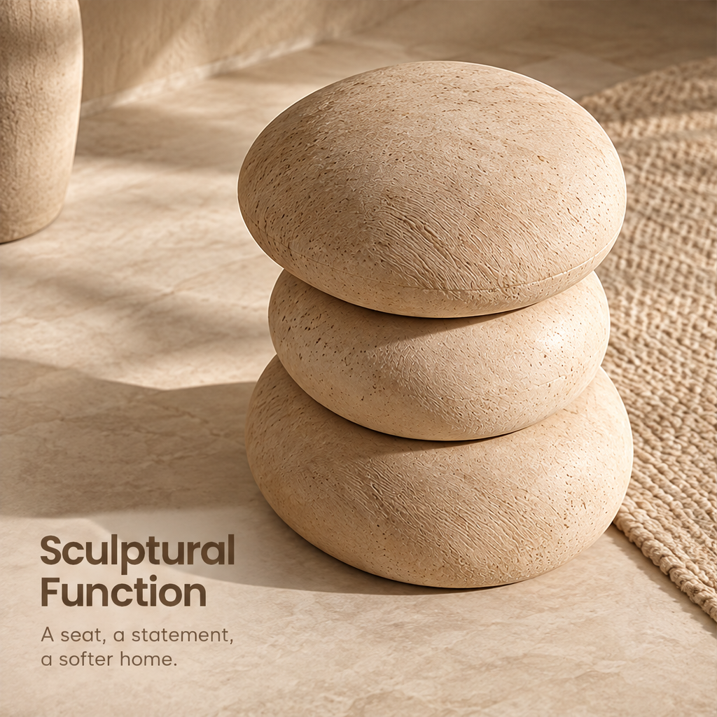CARTOVE Stacked Pebble Stool on linen rug with vase — Sculptural Function