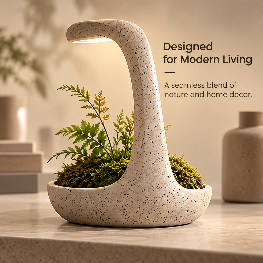 CARTOVE Stone Crescent Grow Light Planter clean product shot on neutral background