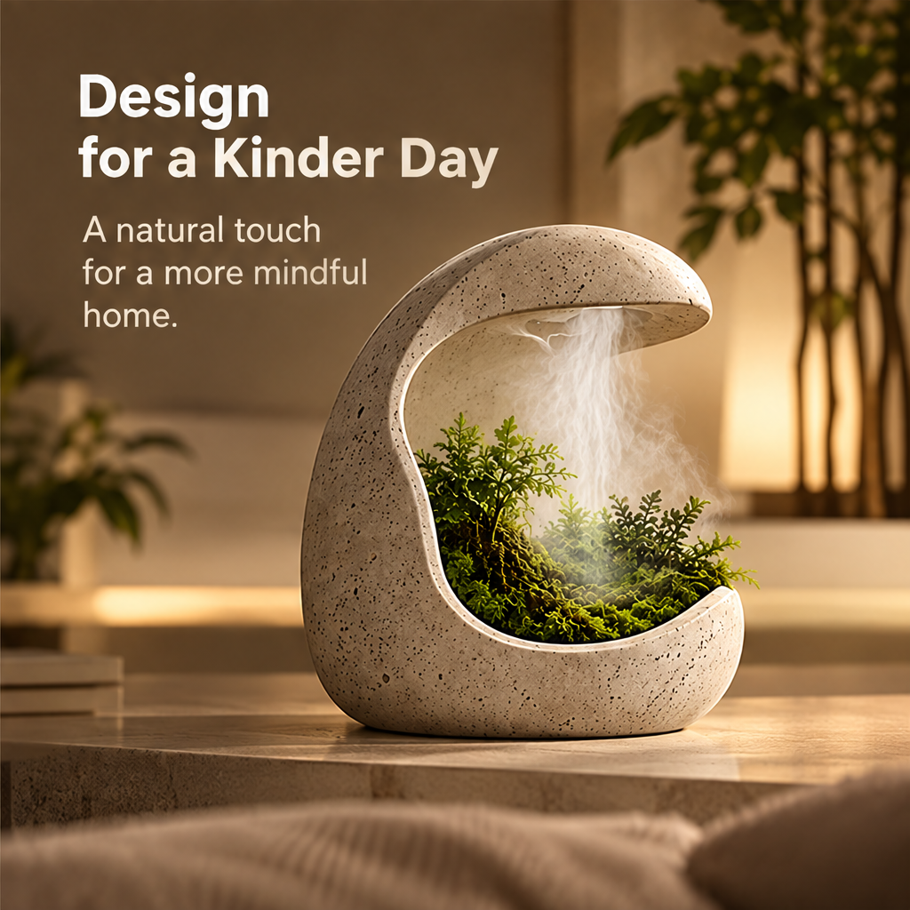 CARTOVE Stone Crescent Plant Humidifier interior moss and mist close-up — A Living Atmosphere