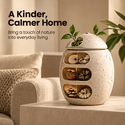 CARTOVE Stone Egg Storage Jar on coffee table beside sofa with plant sprouting from lid — A Kinder Calmer Home
