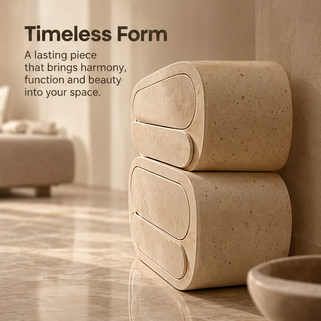 CARTOVE Stone Rounded Double Drawer Cabinet side view closed — Timeless Form