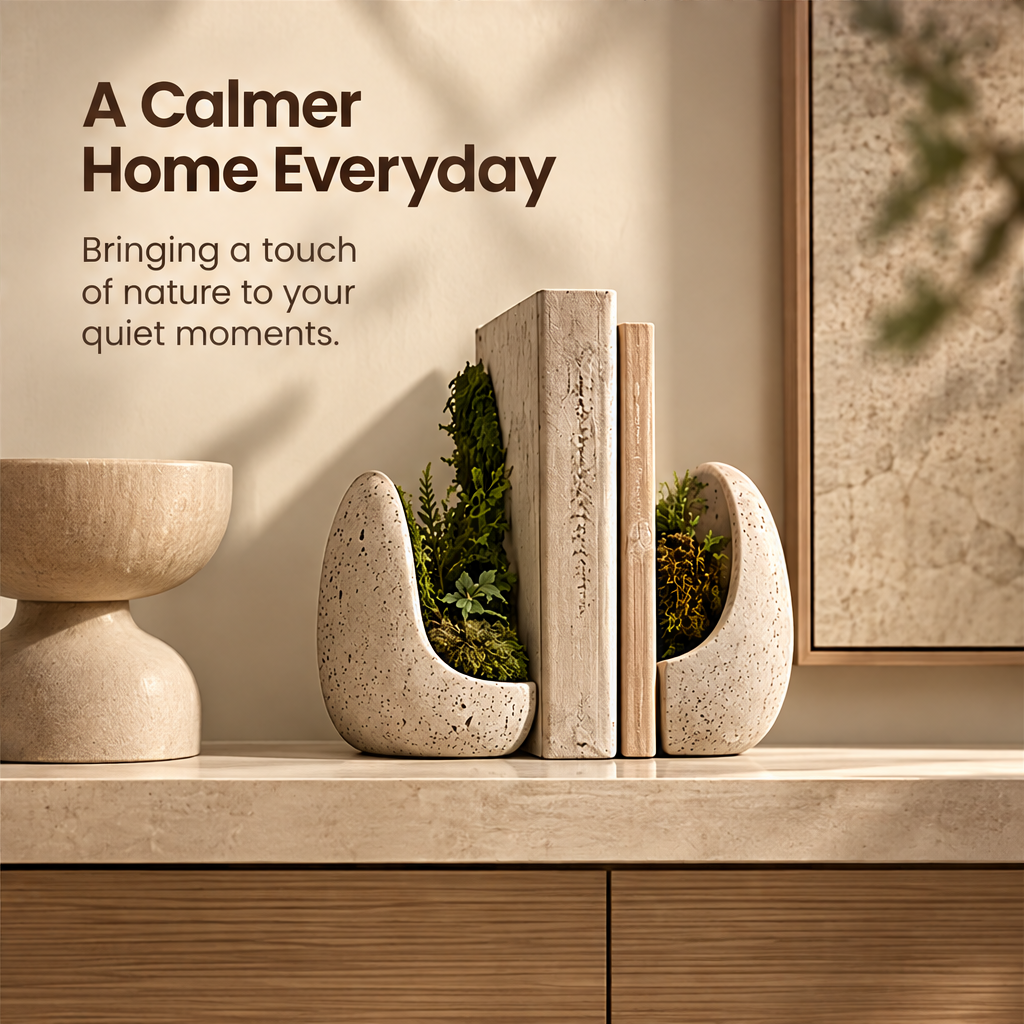 CARTOVE Stone Crescent Bookend Planter Set on white cabinet with books and ceramics — A Calmer Home Everyday