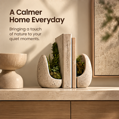 CARTOVE Stone Crescent Bookend Planter Set on white cabinet with books and ceramics — A Calmer Home Everyday