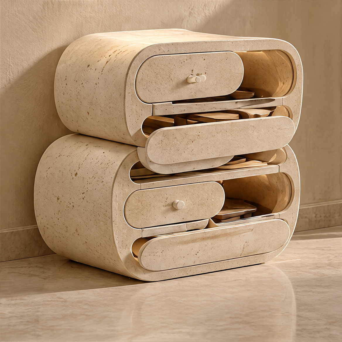 CARTOVE Stone Rounded Double Drawer Cabinet clean product shot against wall — natural light