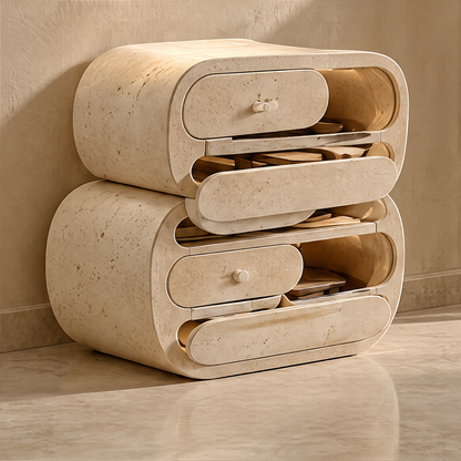 CARTOVE Stone Rounded Double Drawer Cabinet clean product shot against wall — natural light