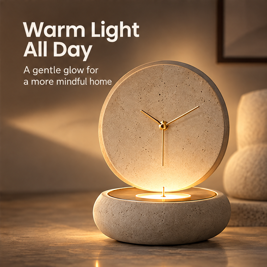 CARTOVE Stone Desk Clock with warm ambient glow in living room — Warm Light All Day