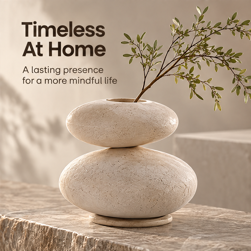 CARTOVE Stacked Stone Vase with green branches by a misty lake — Floating Beauty