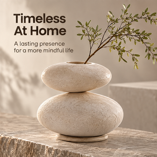 CARTOVE Stacked Stone Vase with green branches by a misty lake — Floating Beauty