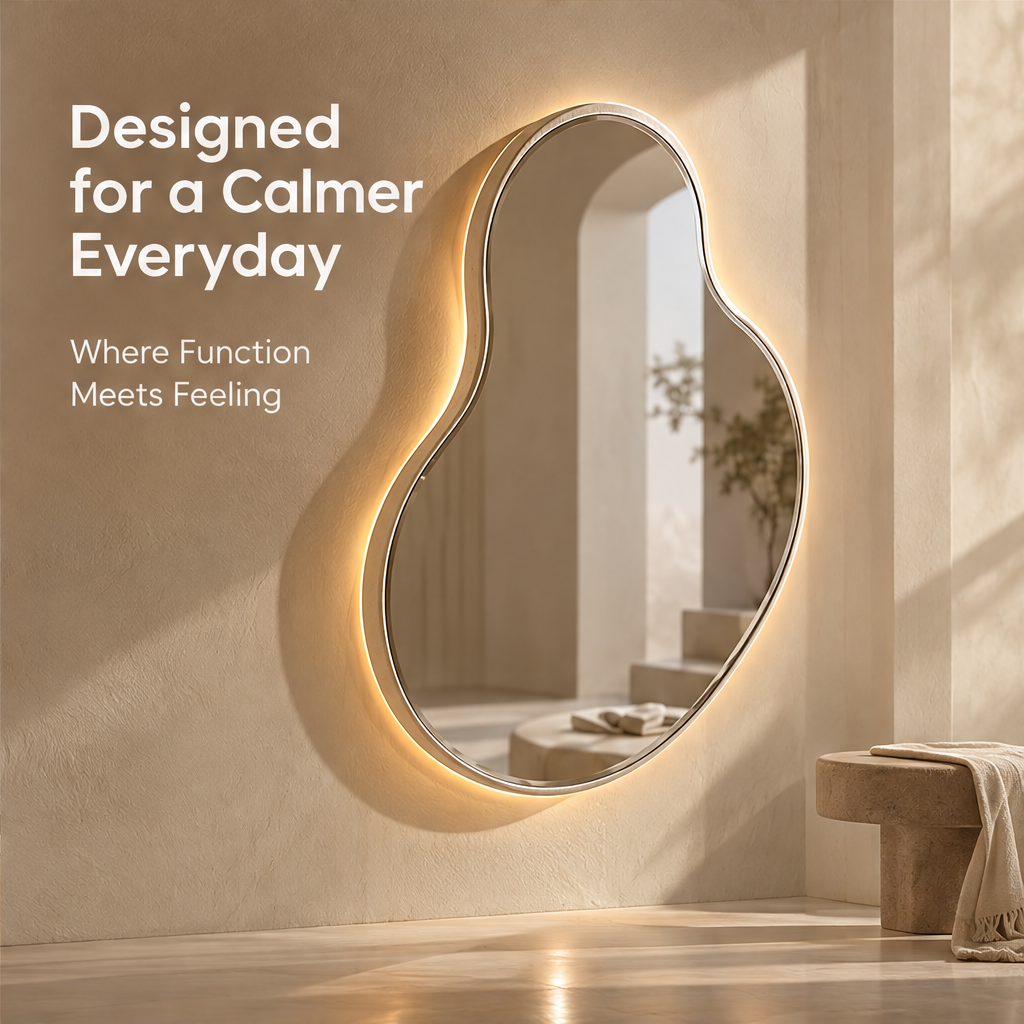 CARTOVE Organic LED Backlit Wall Mirror warm backlight edge close-up — Soft Illumination