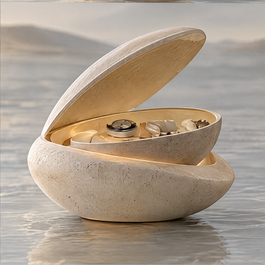 CARTOVE Clam Jewelry Box open side view on water surface — clean product shot