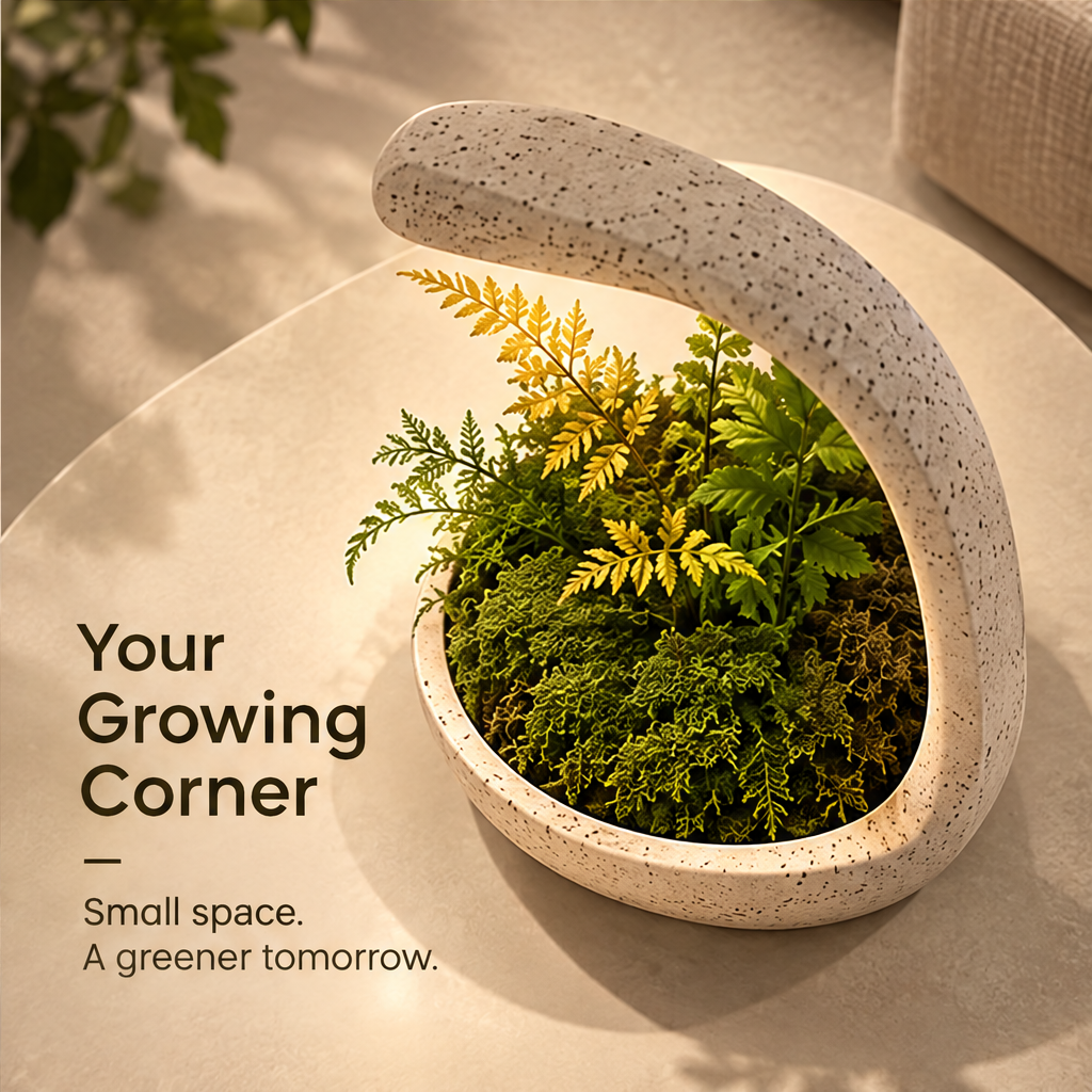 CARTOVE Stone Crescent Grow Light Planter on marble surface with vases — Designed for Modern Living